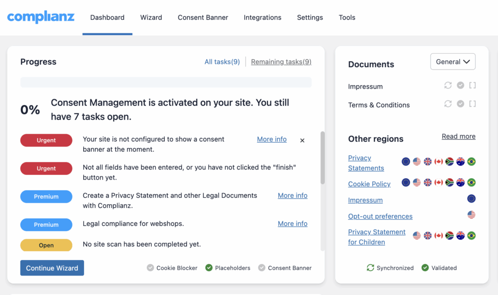 Complianz settings screen for cookie consent configuration