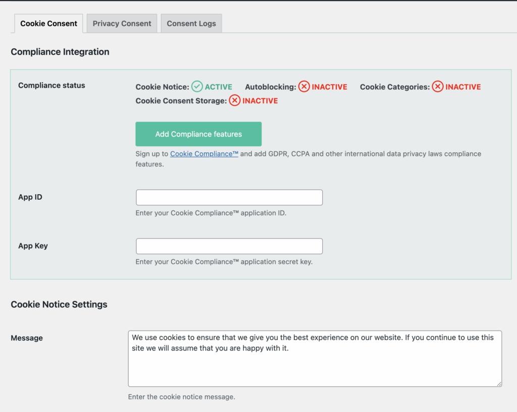 Cookie Notice settings screen for compliance options