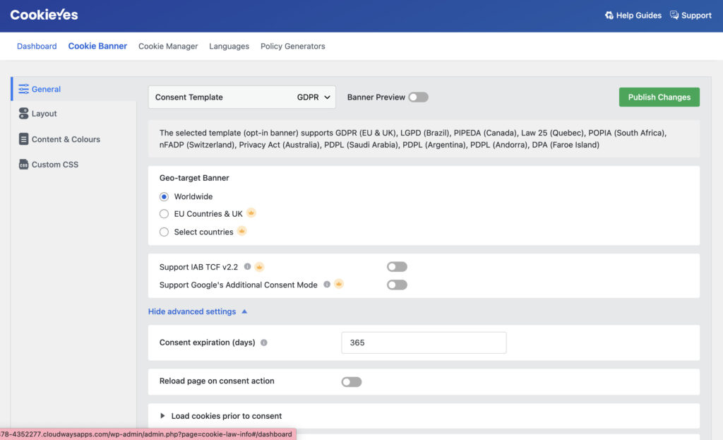 CookieYes settings screen for cookie consent configuration