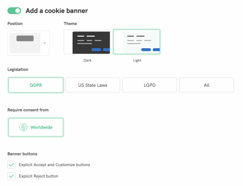 iubenda settings screen for cookie consent configuration