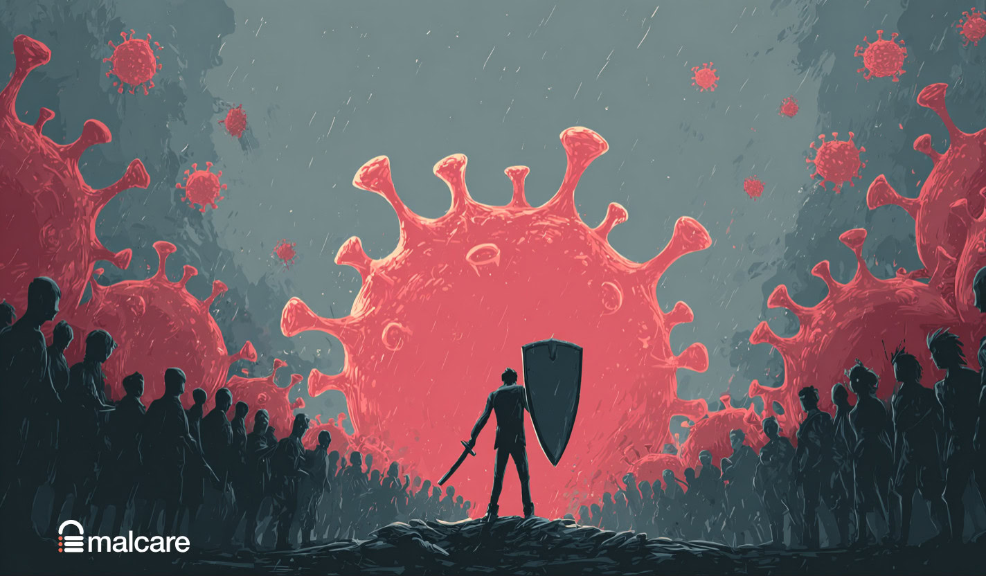 Red malware shape looming over a website observed through a telescope