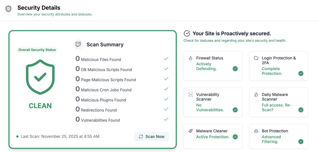 MalCare Security Details dashboard showing a clean site scan with no malicious files