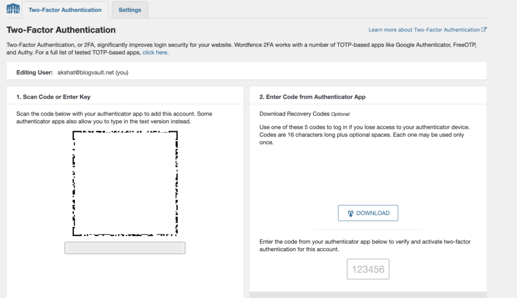 Wordfence login security interface