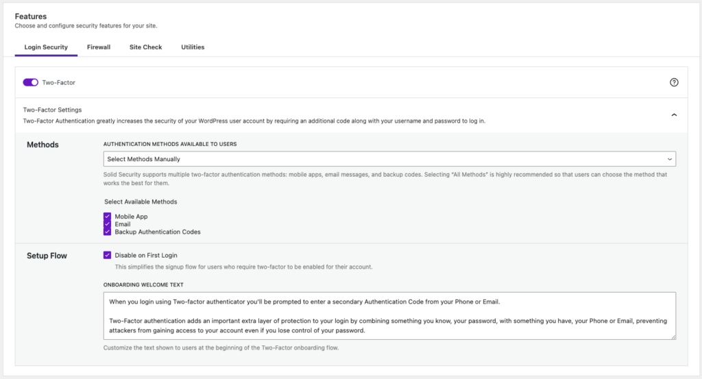 Solid Security login settings for two-factor authentication methods and setup flow