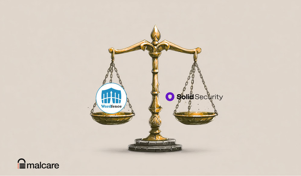 A balance scale weighing the Wordfence and Solid Security logos