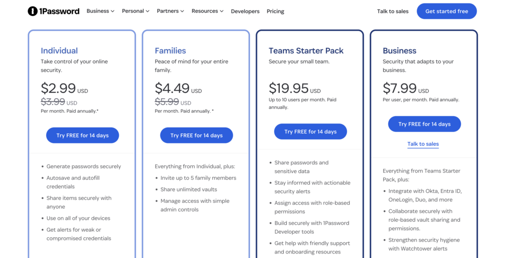 1password pricing page