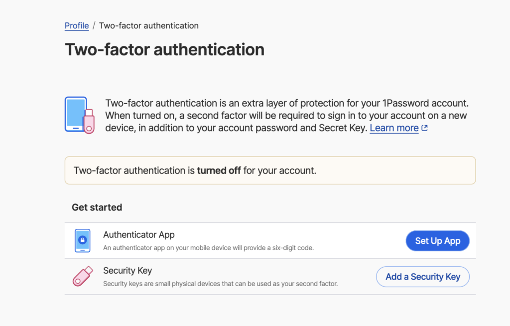 1password two factor authentication