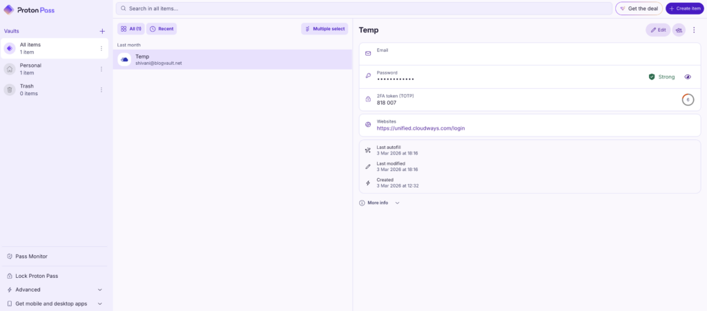 Proton Pass dashboard