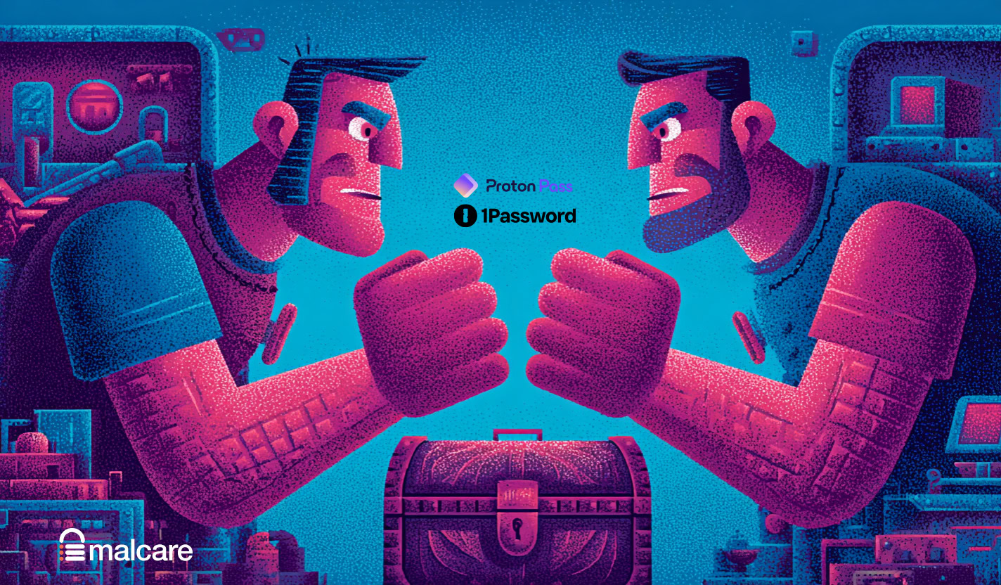 Illustrated Proton Pass and 1Password users arm wrestling across a secure vault