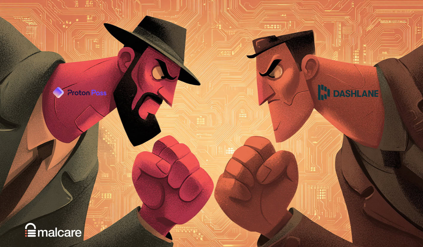 Illustrated Proton Pass and Dashlane users facing off over password security