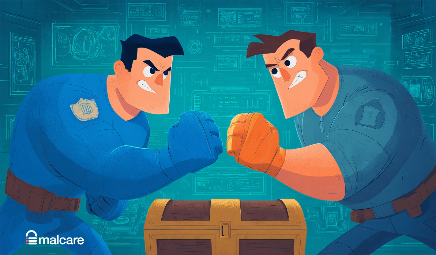 Illustrated Proton Pass and Bitwarden users arm wrestling across a secure vault