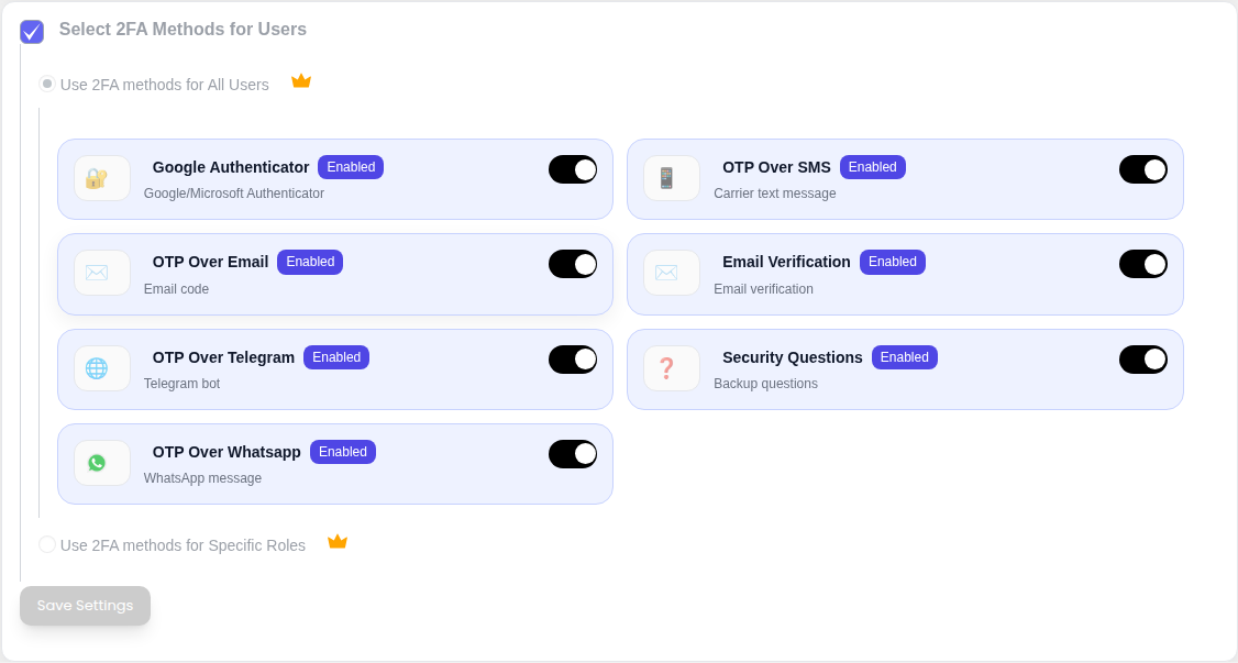 miniOrange 2FA authentication method selection grid