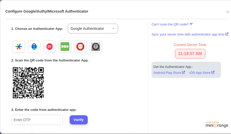 miniOrange Google Authenticator QR setup screen