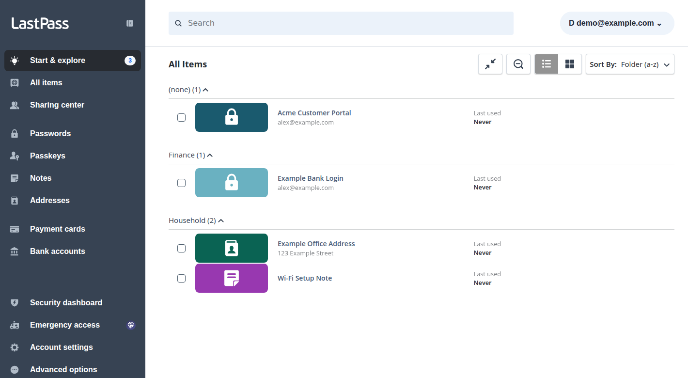The LastPass Review web vault provides an organized overview of your saved items with clear categories and a simple navigation sidebar.
