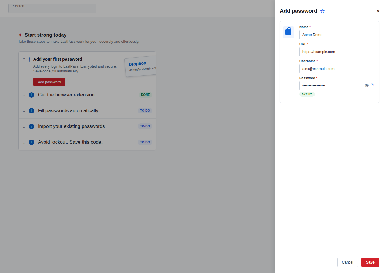 Adding a new password is a simple process using the dedicated vault drawer.