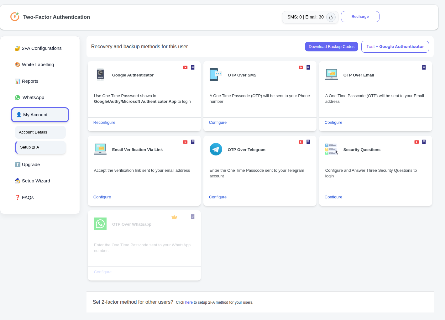 miniOrange recovery and backup methods screen