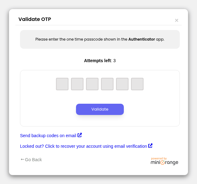 miniOrange two-factor login verification prompt