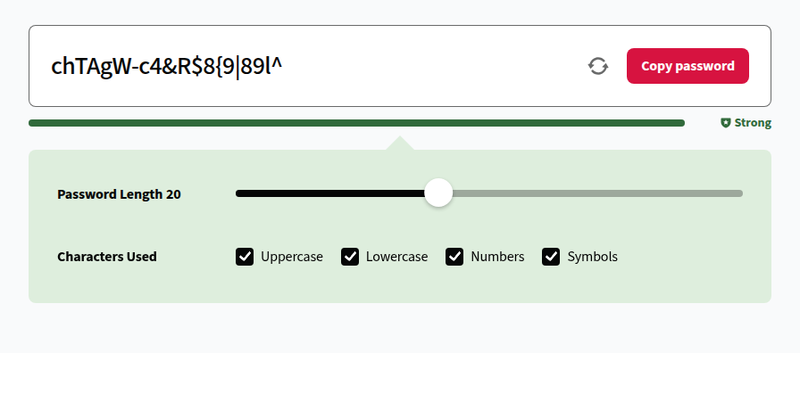 The password generator allows for deep customization, including length and character types, to ensure high security.