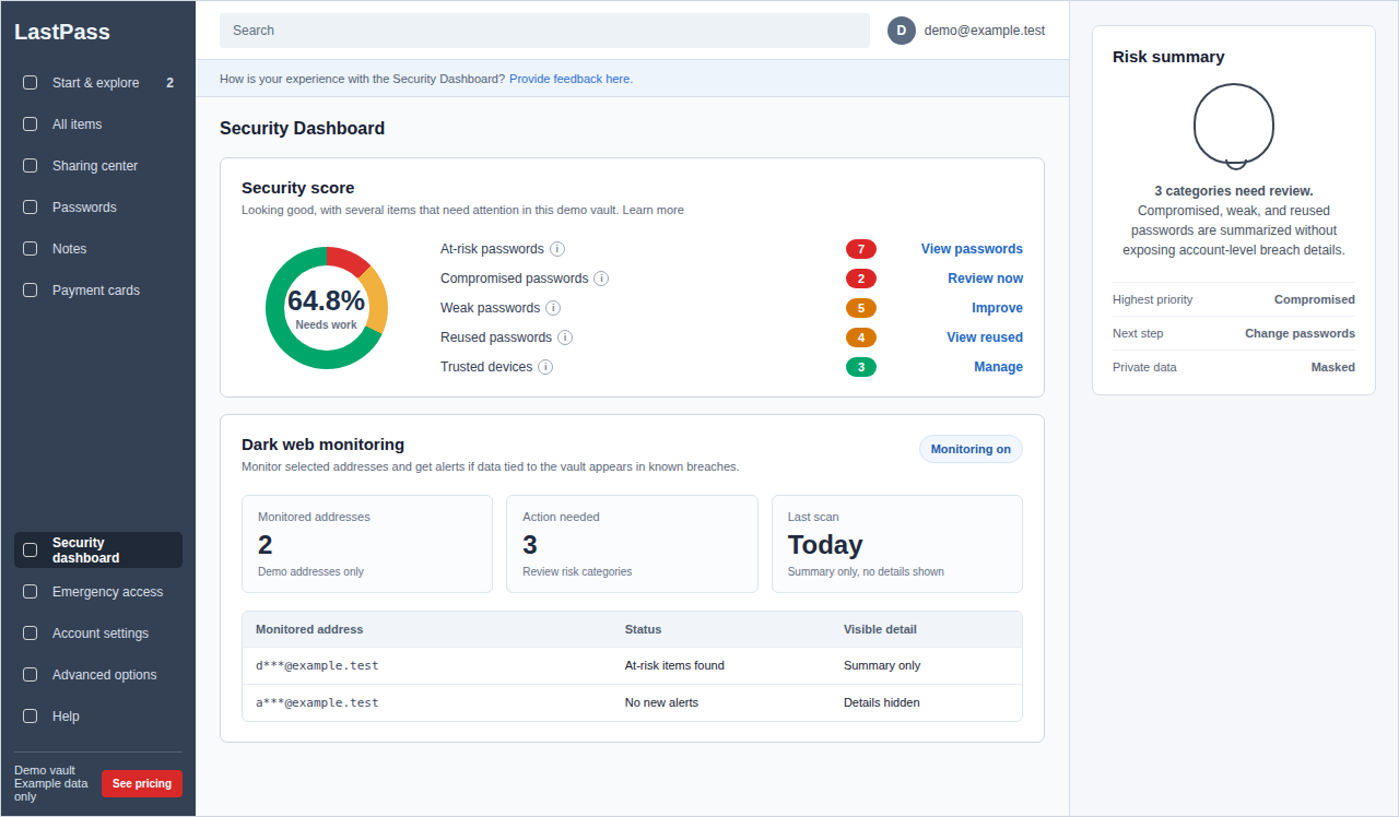 The Security Dashboard provides a quick summary of your vault's health and highlights potential risks.