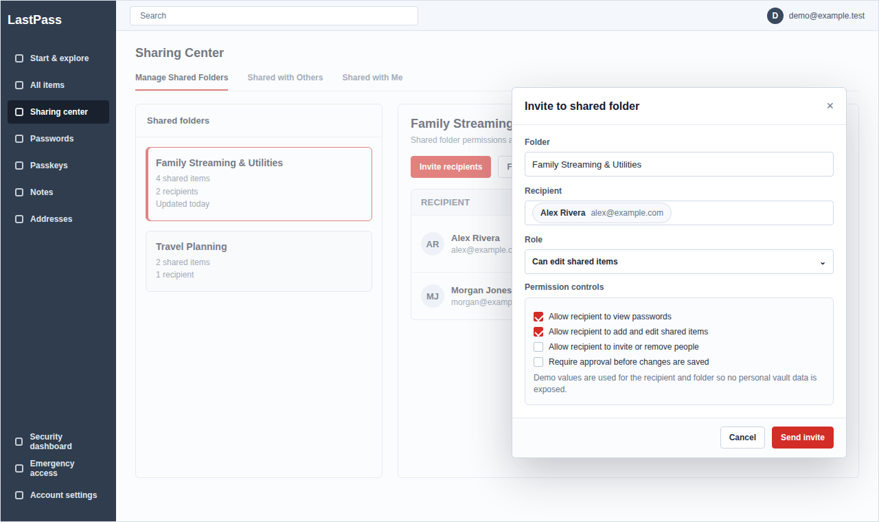 The Sharing Center allows for secure collaboration through shared folders with granular permission controls.