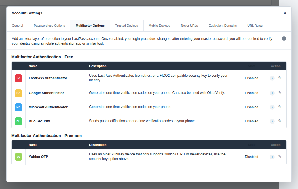 LastPass provides extensive MFA options to secure your vault, clearly distinguishing between free and premium features.