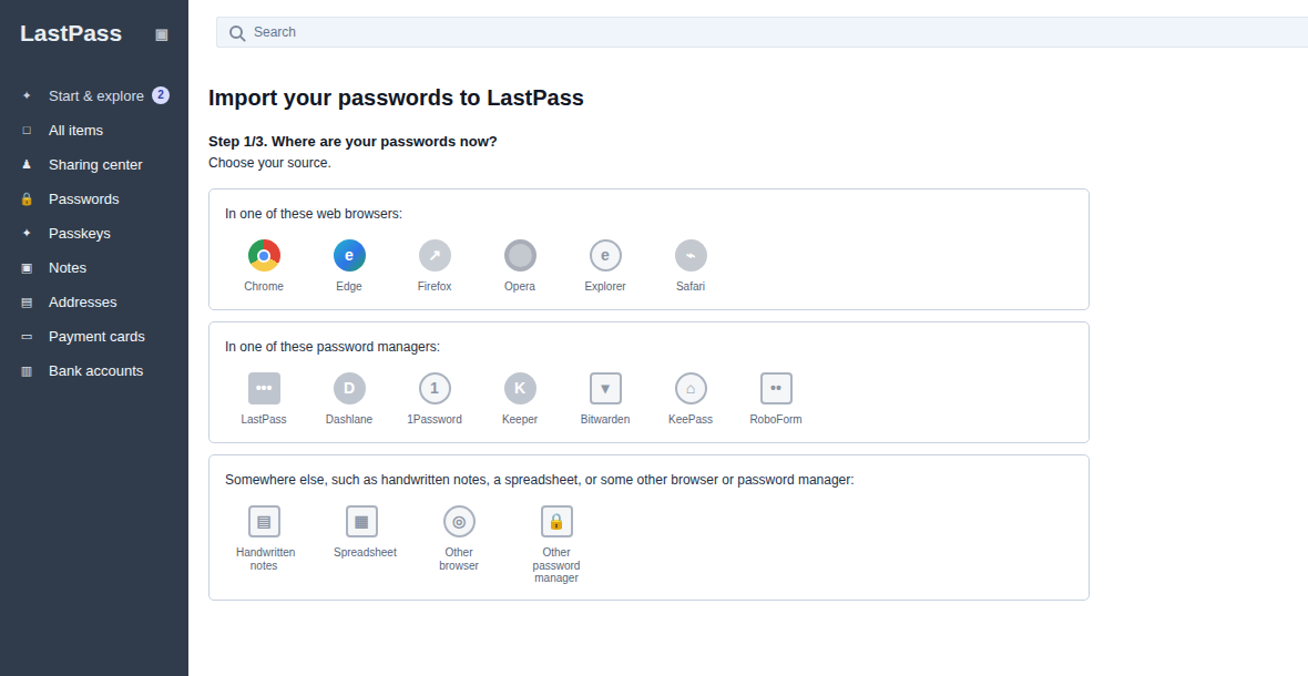 Importing passwords from other services is supported through a variety of sources, illustrating the start of the migration workflow.