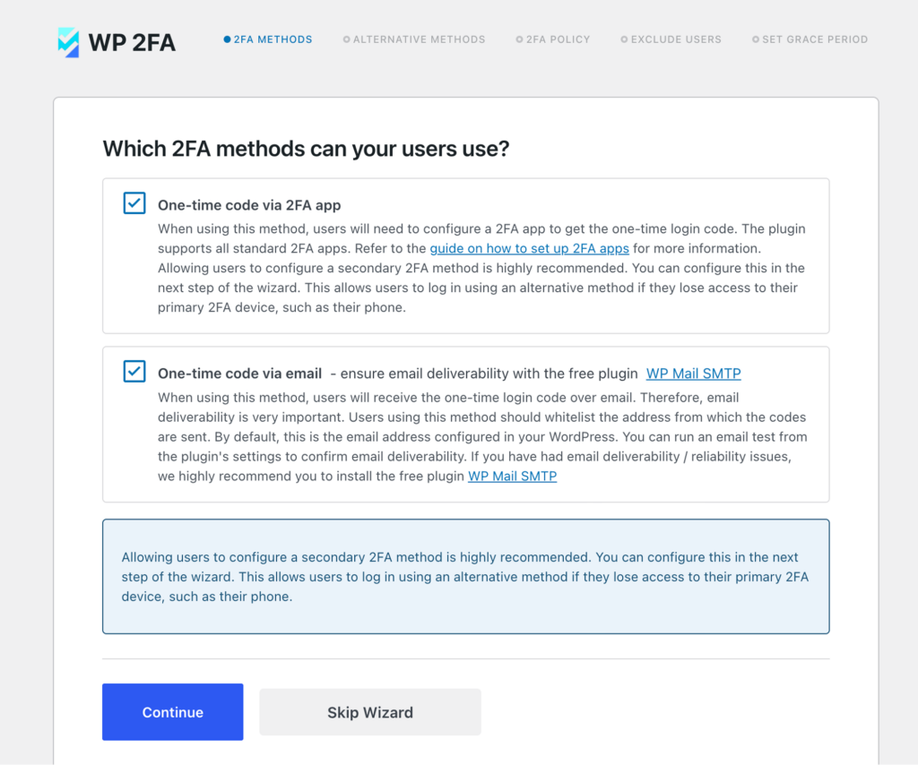 WP 2FA setup wizard in WordPress