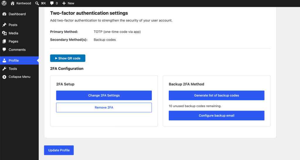 WP 2FA backup code and recovery settings