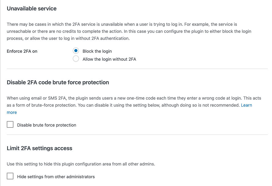 wp 2fa settings