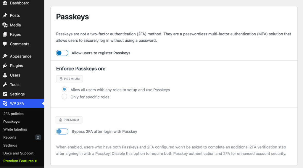 wp 2fa passkeys