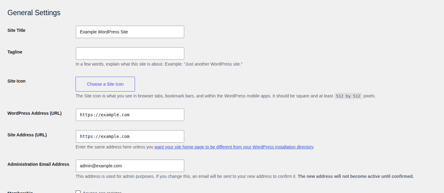 WordPress administration email setting in Settings General