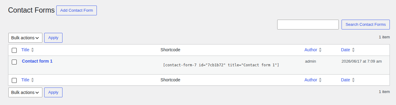Contact Form 7 forms list with the default contact form visible