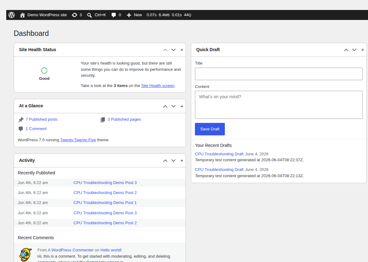 WordPress dashboard showing Site Health and Activity widgets for first CPU triage