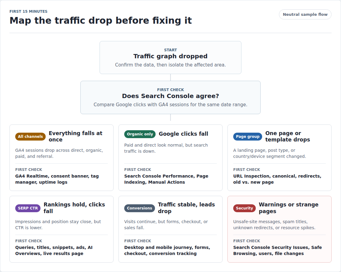 Traffic drop diagnostic flow from symptom to first check