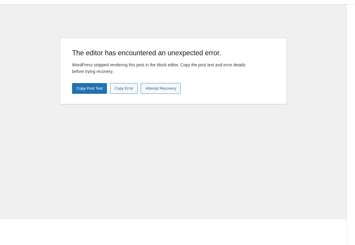 WordPress editor unexpected error recovery panel