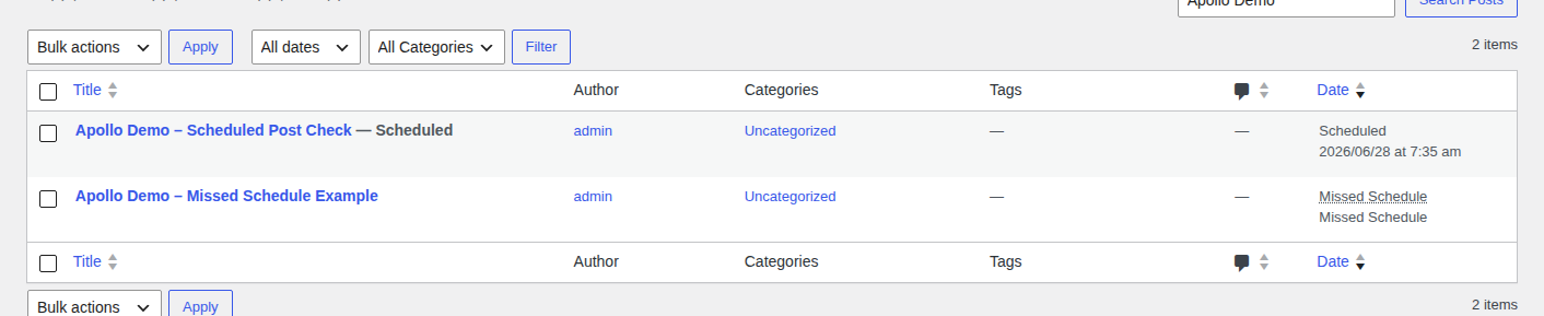 WordPress posts table showing Missed Schedule status
