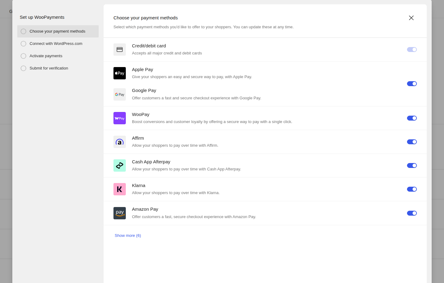 WooPayments payment method setup in WooCommerce