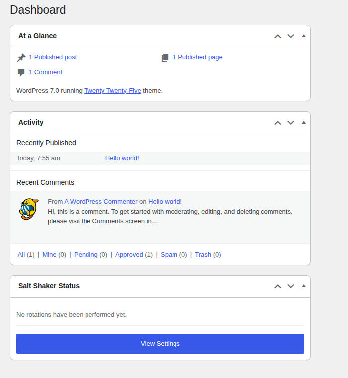 WordPress admin dashboard before salt rotation