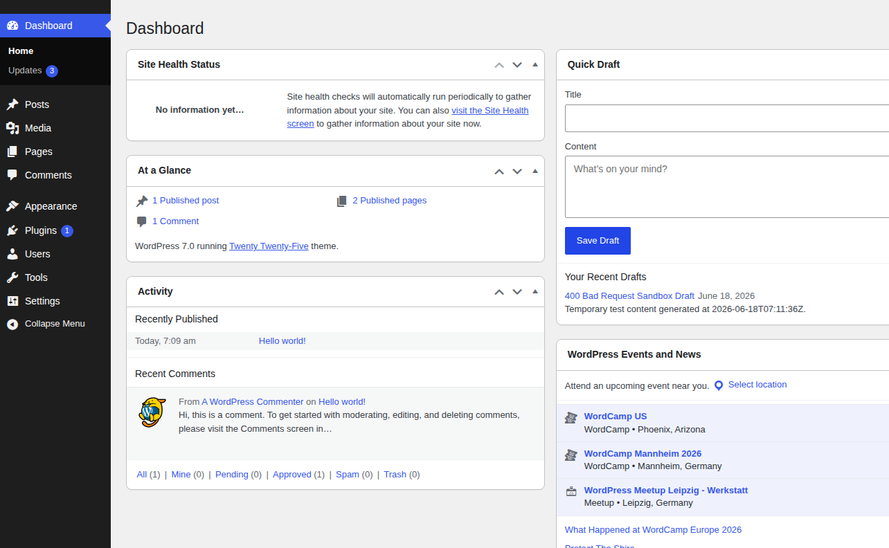 WordPress admin dashboard used to trace where a 400 Bad Request appears