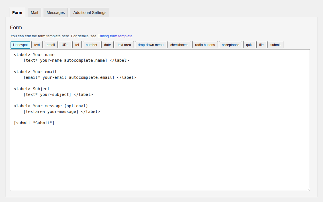 Contact Form 7 form editor showing form fields and tags
