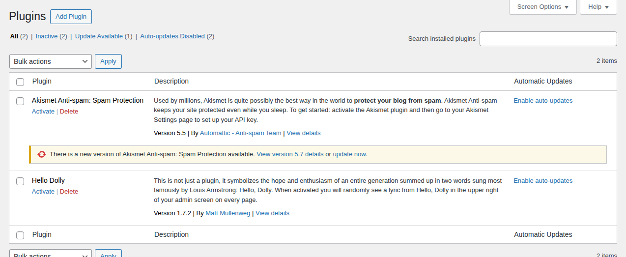 Installed plugins table with plugin names, versions, and update prompts