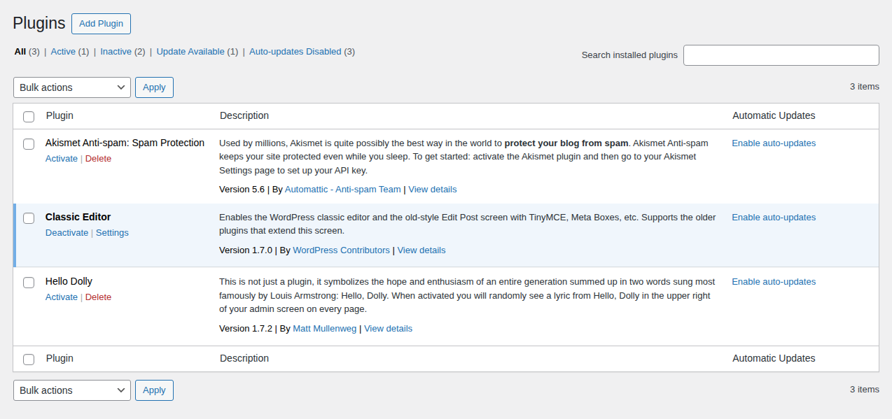WordPress plugins table showing active and inactive plugin status