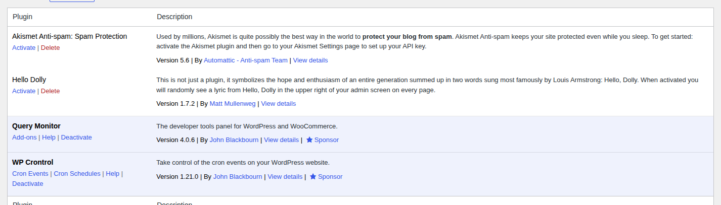 WordPress plugins screen showing diagnostic plugins used for isolation testing
