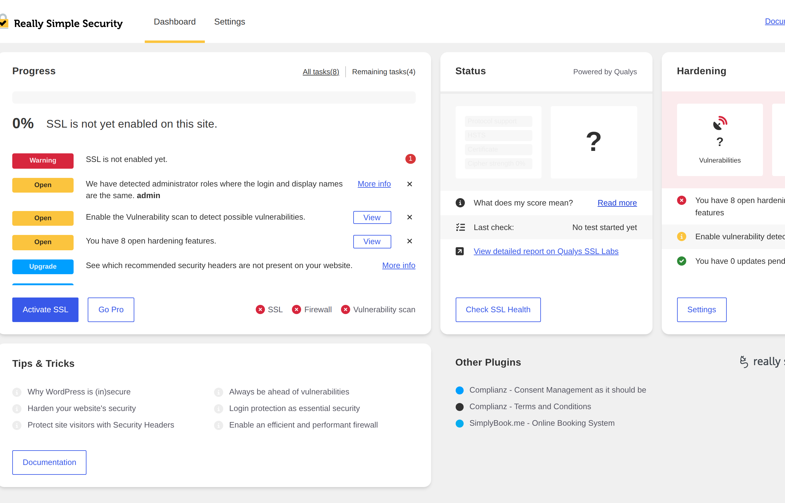 Really Simple Security dashboard showing SSL status checks