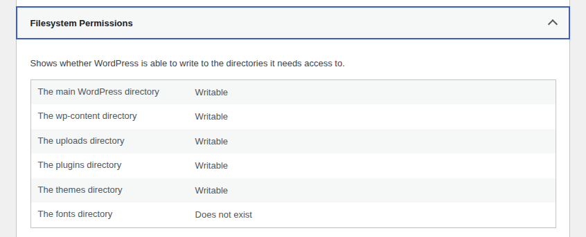 WordPress Site Health filesystem permissions panel