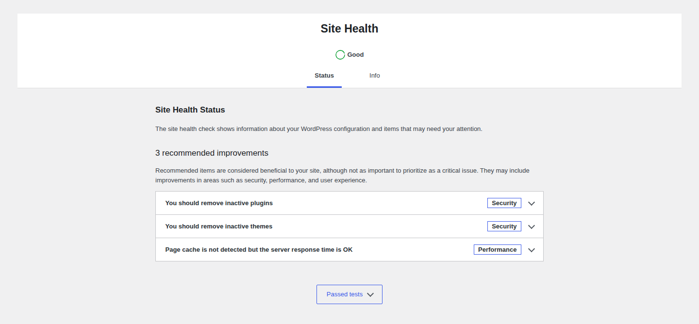 WordPress Site Health status screen before updating PHP
