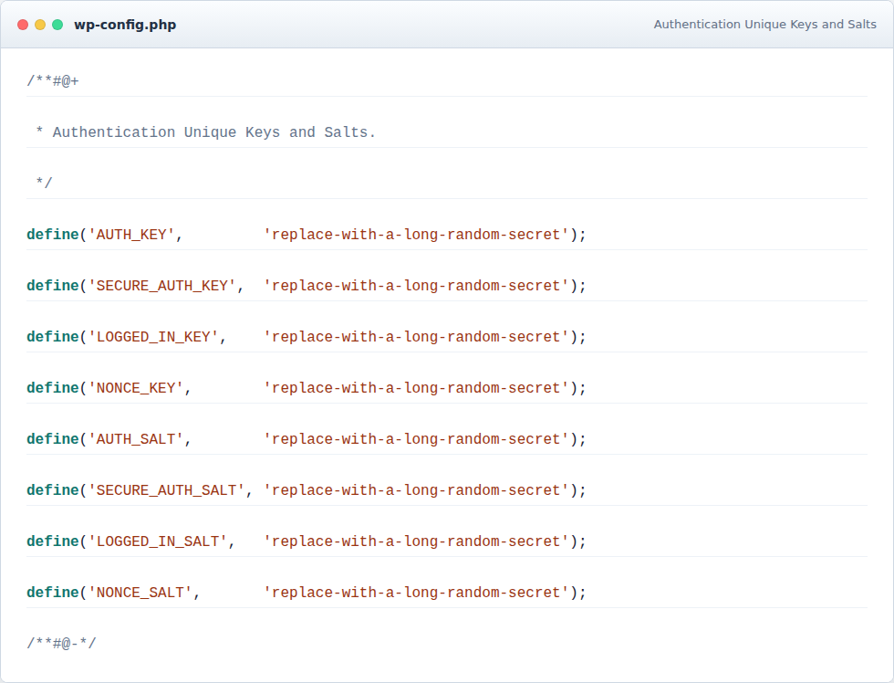 Masked wp-config.php salts block