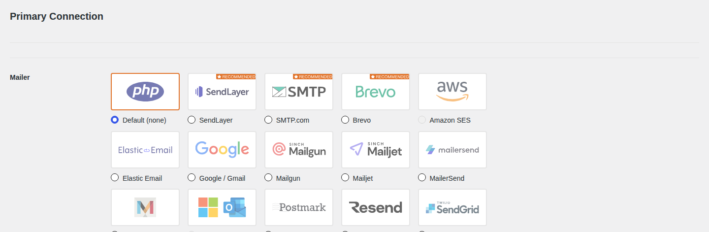 WP Mail SMTP mailer options in WordPress settings