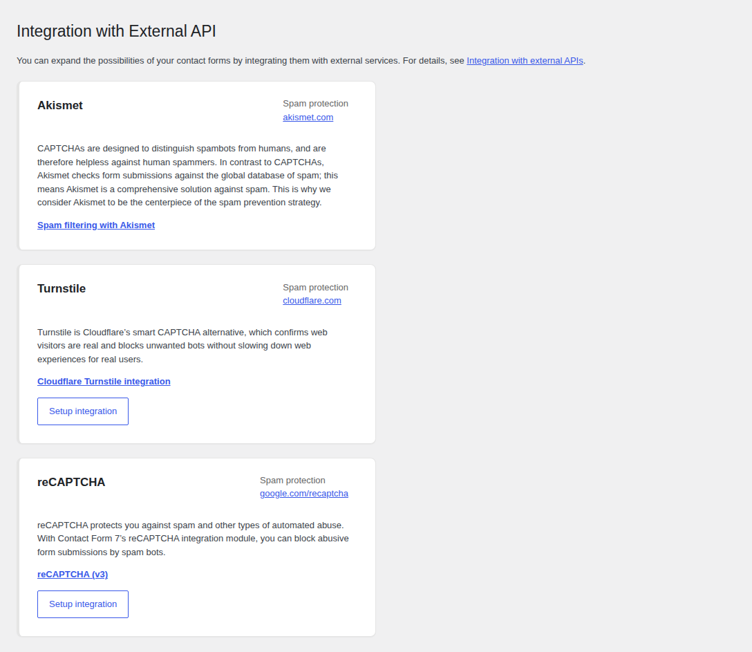 Contact Form 7 integration options for Akismet Turnstile and reCAPTCHA