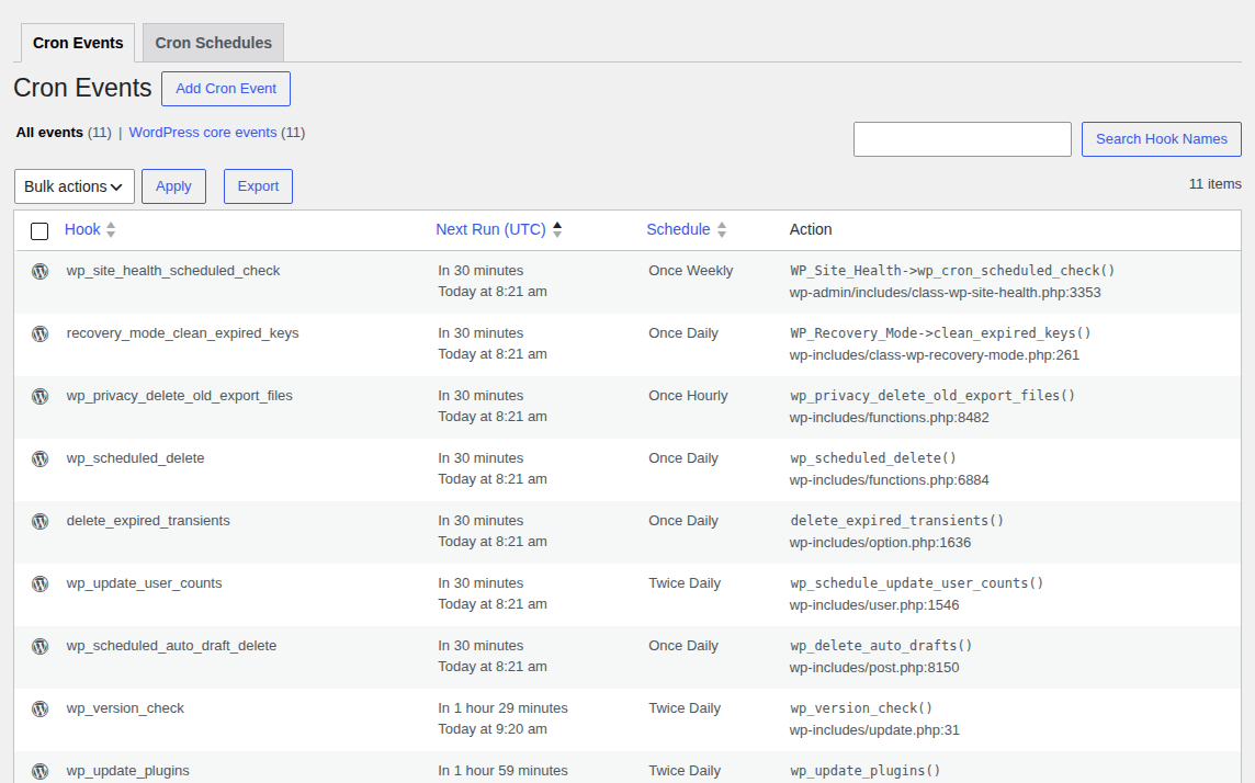 WP Crontrol screen listing scheduled WordPress cron events